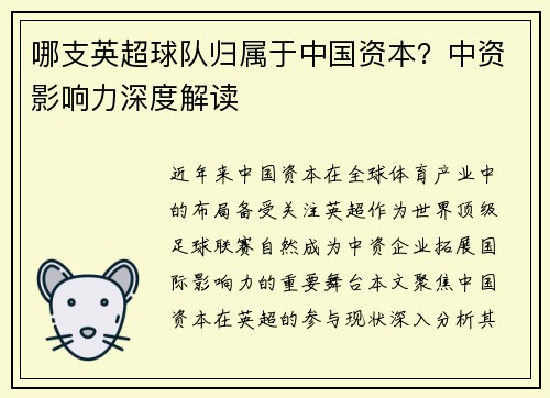 哪支英超球队归属于中国资本？中资影响力深度解读